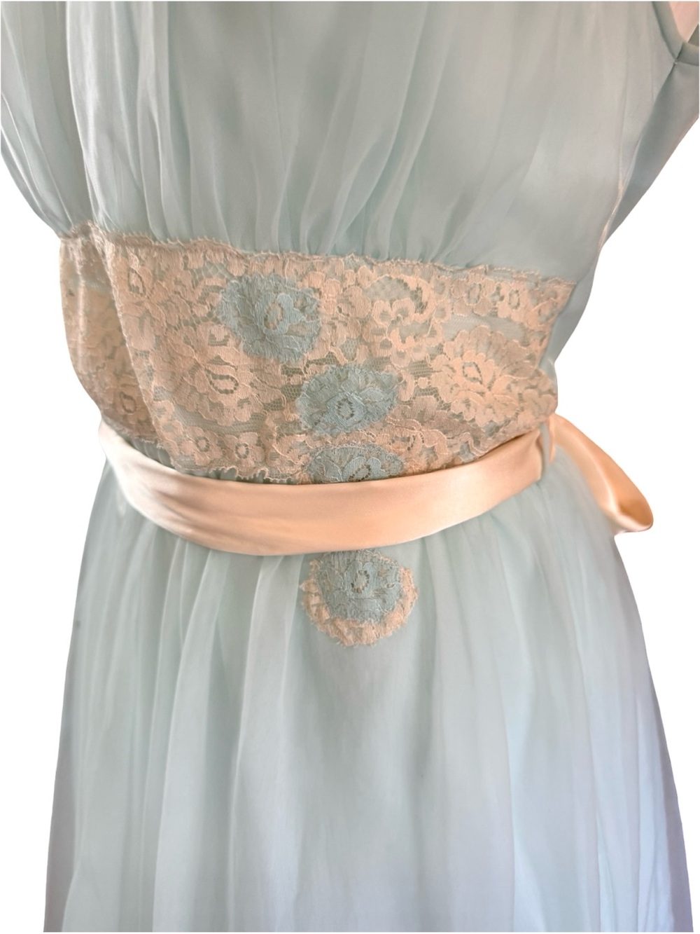 Miss Elaine Vintage Mint Blue Chiffon Lace Nightgown Medium 1960s Babydoll - Picture 2 of 12